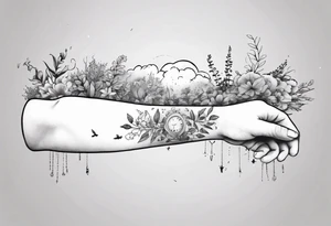 a forearm tattoo with a cloud with little plants and underneath it the date 12.08.05 tattoo idea