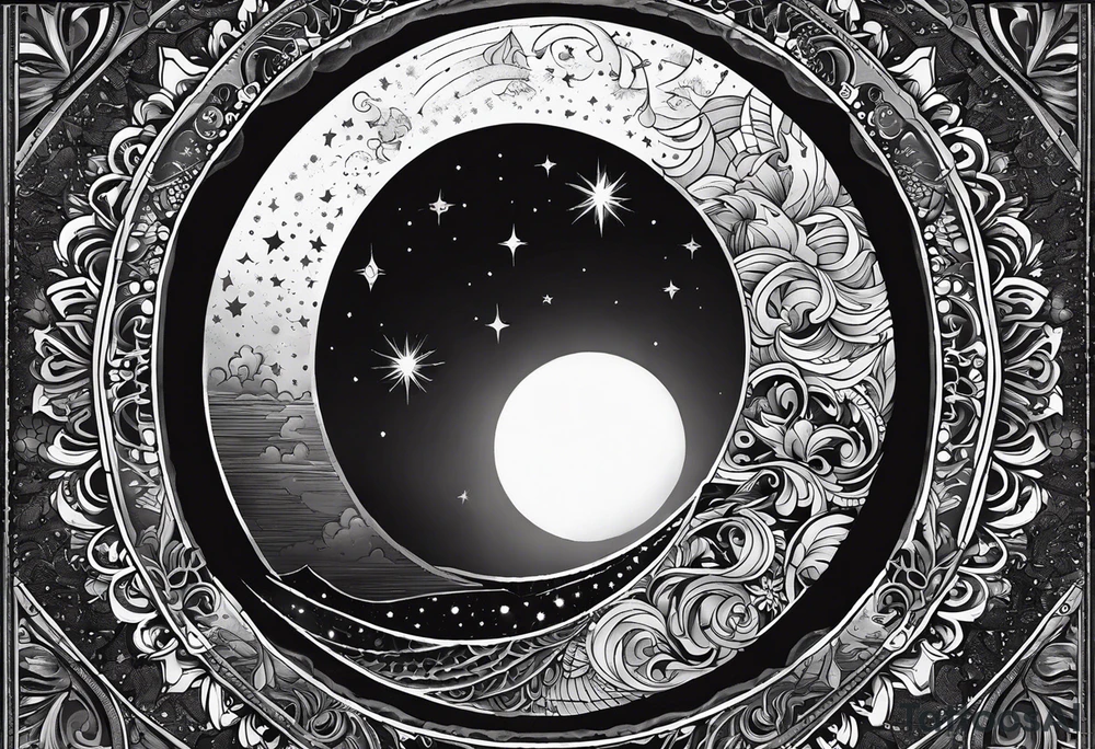 Moon and a sun, that covers half the moon but you can still see the moon and the sun tricep tattoo idea