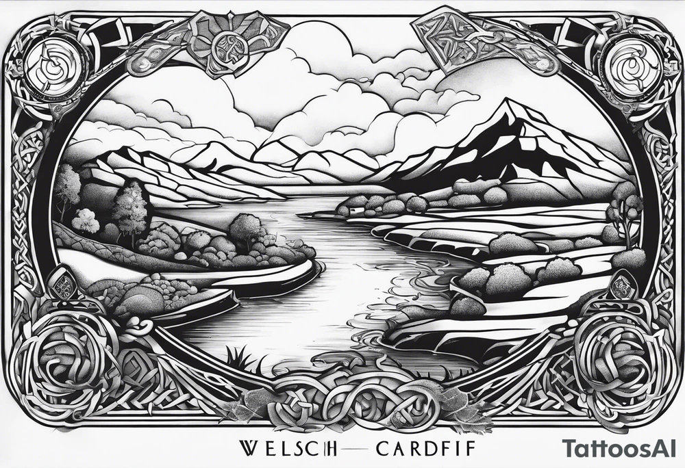 welsh, Cardiff, celtic landscape sleeve tattoo with an infusion of technology, steam punk tattoo idea