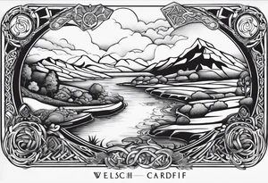 welsh, Cardiff, celtic landscape sleeve tattoo with an infusion of technology, steam punk tattoo idea