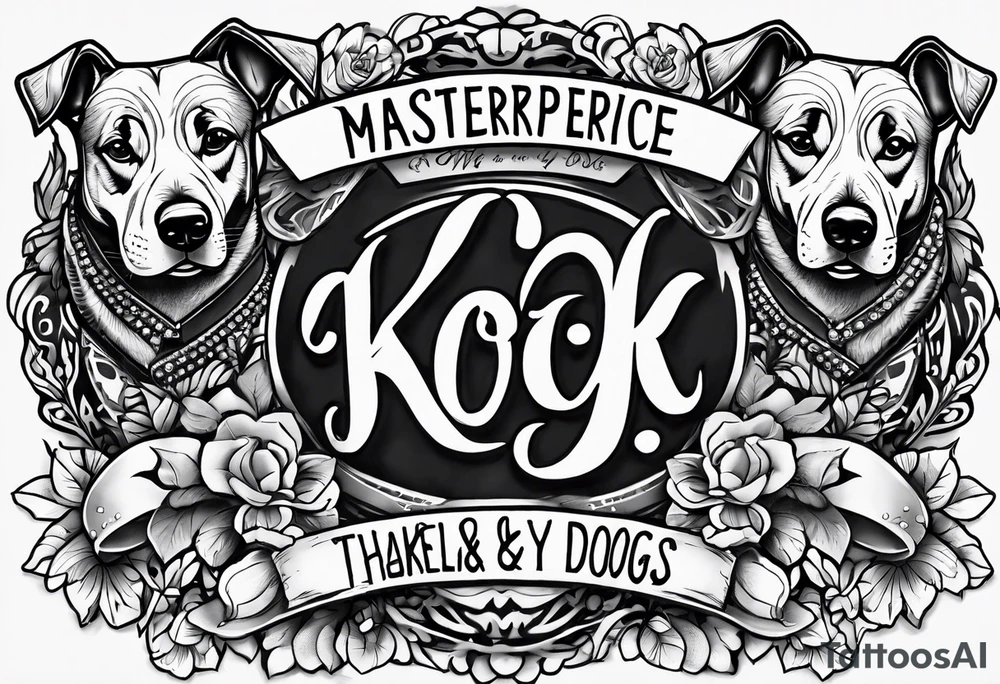 forearm tattoo lettering K9 theme name of all my dogs Tasha Katie Kiera Zeke Pixie Bud Bear tattoo idea