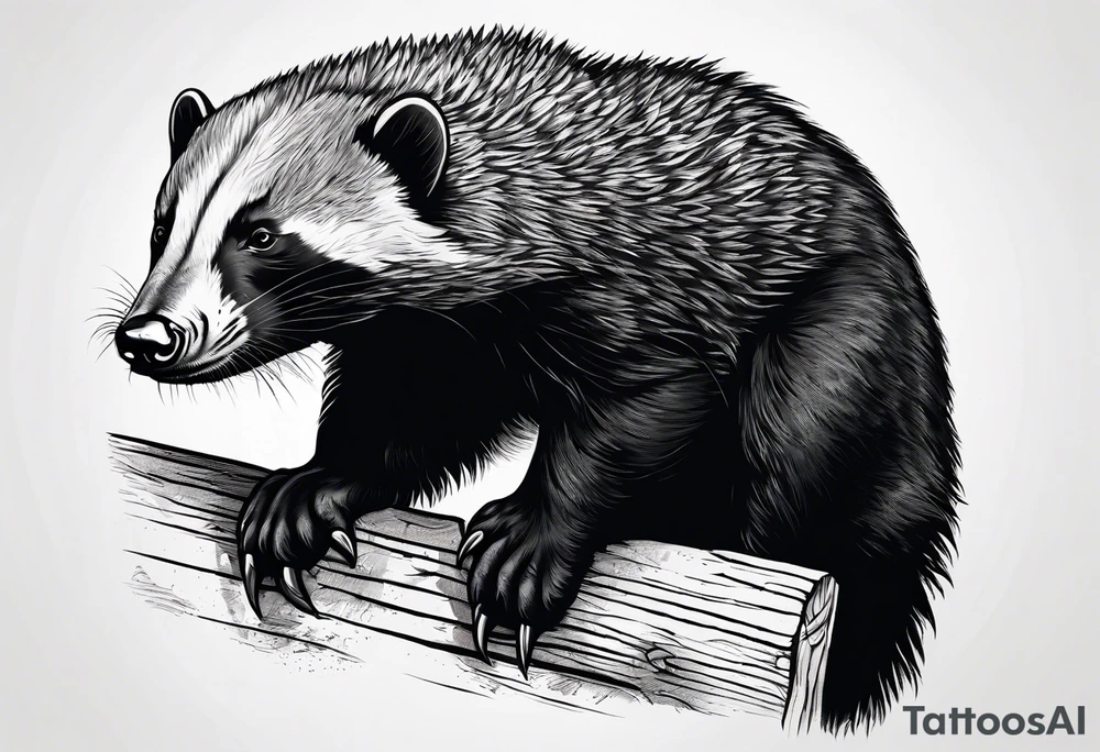 honey badger climbing-over, claws near face, behind, on its back legs, looking over fence tattoo idea