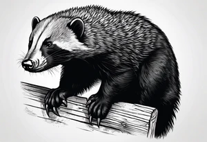 honey badger climbing-over, claws near face, behind, on its back legs, looking over fence tattoo idea