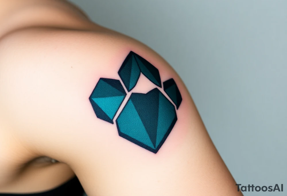 A geometric-style paw composed of sharp angular lines in shades of black and dark teal, creating a modern, edgy look with geometric heart tattoo idea