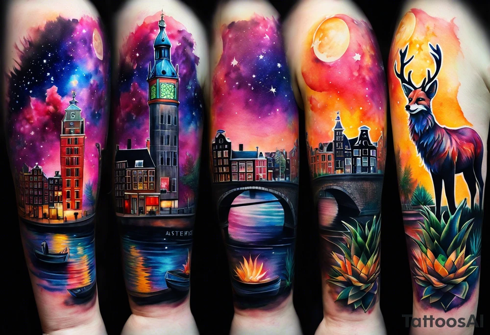 Arm tattoo, Animals, birds, stag, fox, watercolour of animals made from glass in Amsterdam featuring Amsterdam buildings and Amsterdam canal in galaxy colours featuring pineapples as space colours, galaxy colours, night sky, pineapples tattoo idea