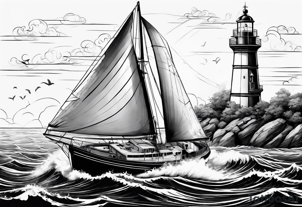phare maritime sur un petit bateau a voiles. tattoo idea