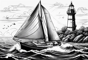 phare maritime sur un petit bateau a voiles. tattoo idea