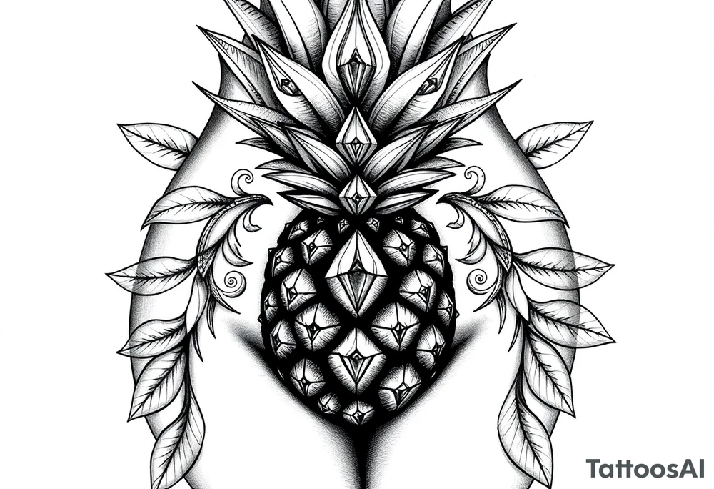 Pubic area vagina and anus using a pineapple with diamonds, magestic, crown, tattoo idea