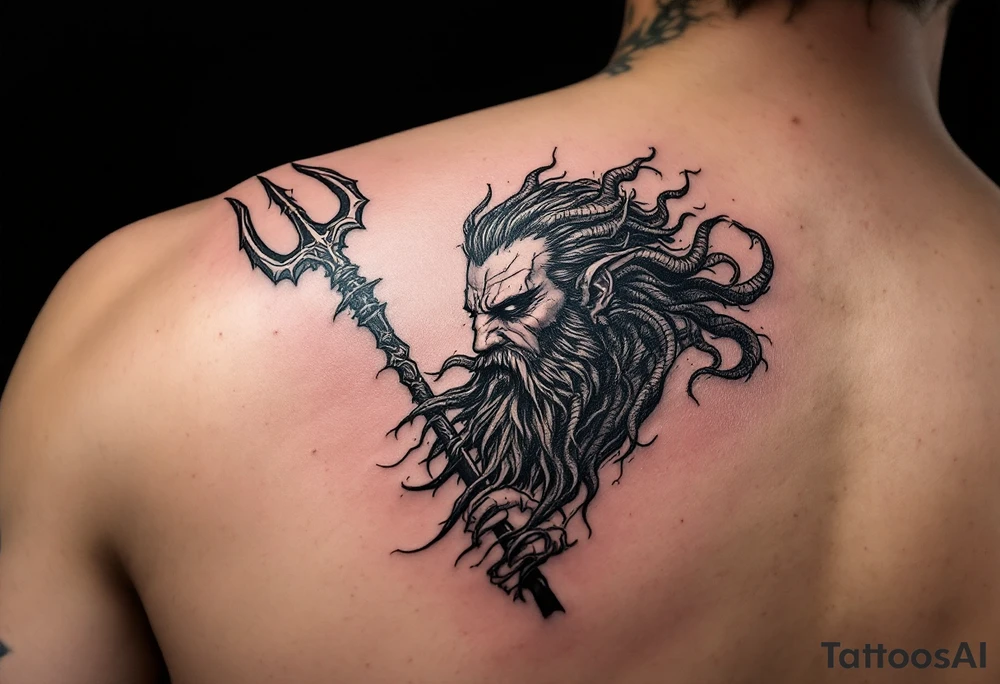 poseidon with huge trident tattoo idea