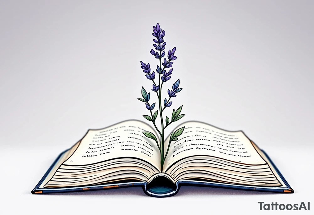 A small lavender sprig growing from an open book, representing knowledge, growth, and serenity. tattoo idea