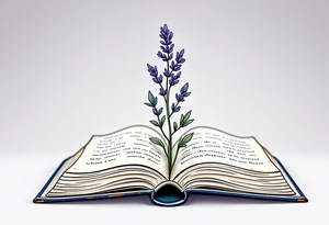 A small lavender sprig growing from an open book, representing knowledge, growth, and serenity. tattoo idea