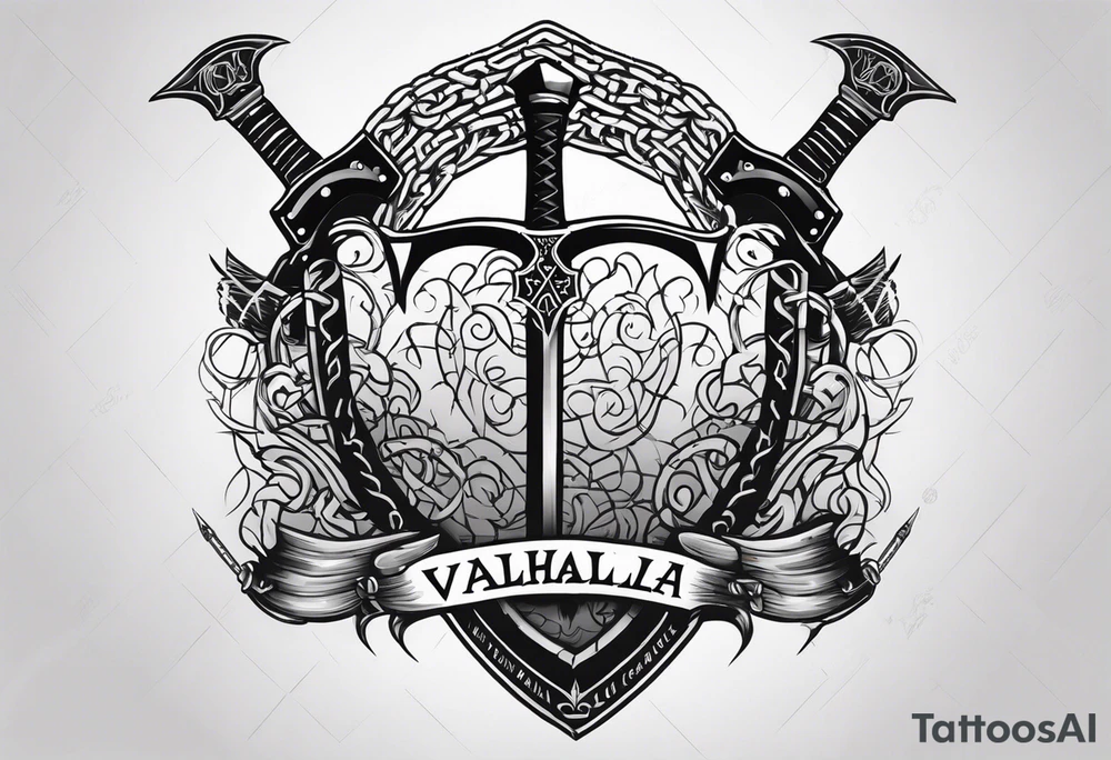 Valhalla sword shield axe barbed wire chains dark cloud tattoo idea