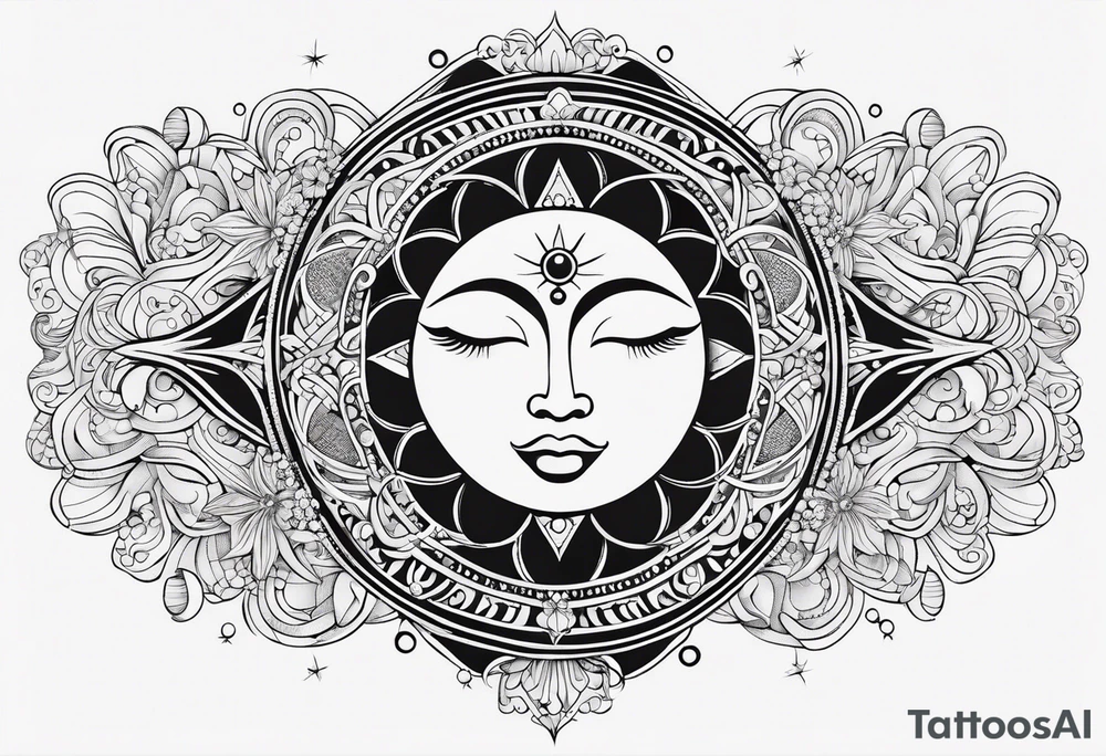 Feminine Sun and moon. long rectangular sternum swirls with dots and stars tattoo idea