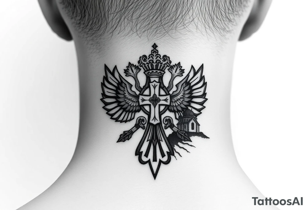 russian coat arms in a russian christian orthodox cross with the cross in the middle with a virgin mary & orthodox dome church on the side of the neck in a wilderness setting tattoo idea