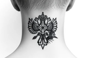 russian coat arms in a russian christian orthodox cross with the cross in the middle with a virgin mary & orthodox dome church on the side of the neck in a wilderness setting tattoo idea