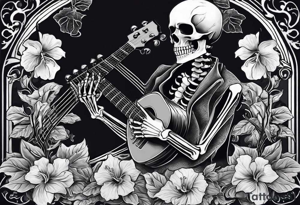 female skeleton listening to a male skeleton play guitar. The female skeleton has a ahibiscus flower behind here ear and is sitting on a korean kimchi pot. tattoo idea