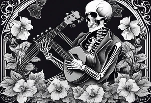 female skeleton listening to a male skeleton play guitar. The female skeleton has a ahibiscus flower behind here ear and is sitting on a korean kimchi pot. tattoo idea