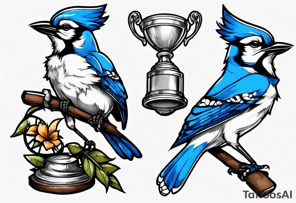Bluejay wearing a headband and holding a trophy tattoo idea