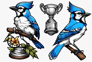Bluejay wearing a headband and holding a trophy tattoo idea