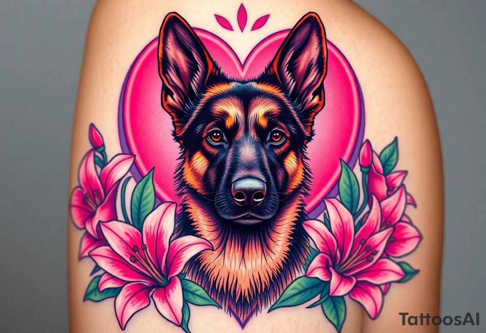 realistic german shepherd with alert ears looking protective surrounded by pink lilies with leaves in front of a sacred heart tattoo idea