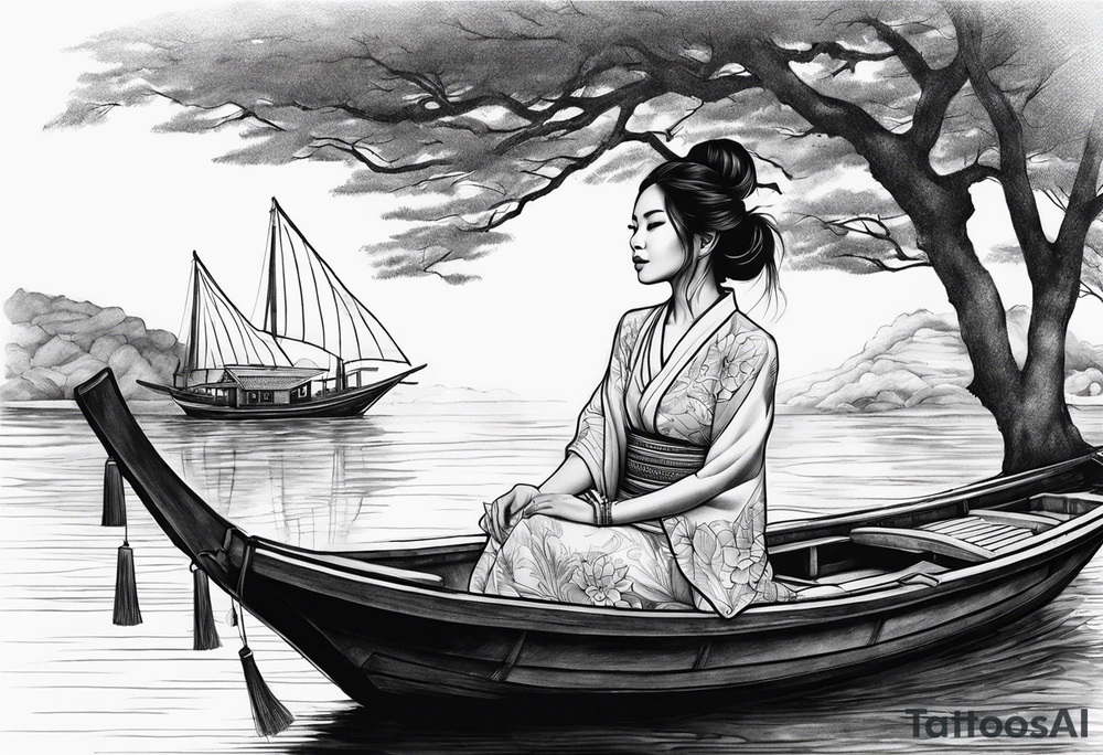 vietnamese lady on boat body,water, lanterns, sunset tattoo idea