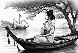 vietnamese lady on boat body,water, lanterns, sunset tattoo idea