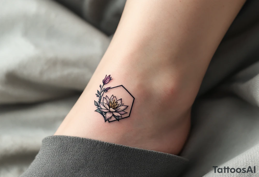 Leo sign, larkspur and water lily surrounded by a hexagon tattoo idea
