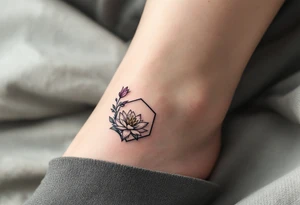 Leo sign, larkspur and water lily surrounded by a hexagon tattoo idea