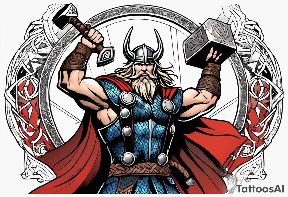 Thor with Viking runes in the background as a vignette tattoo idea