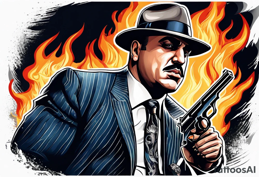 capone style gangsters having a shootout against a dark background scene with flames blues tattoo idea