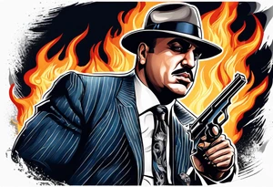 capone style gangsters having a shootout against a dark background scene with flames blues tattoo idea