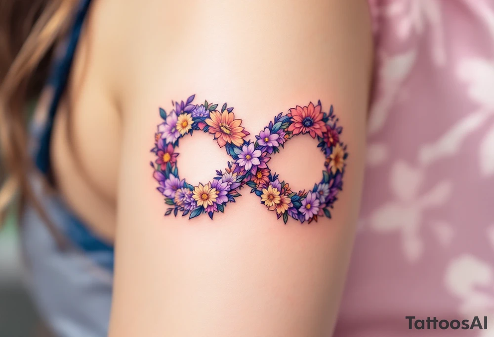 Floral infinity sign incorporating "Sofie – 8.6.2021 v 11:20" in lavender and soft beige. tattoo idea