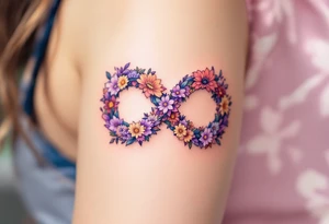 Floral infinity sign incorporating "Sofie – 8.6.2021 v 11:20" in lavender and soft beige. tattoo idea