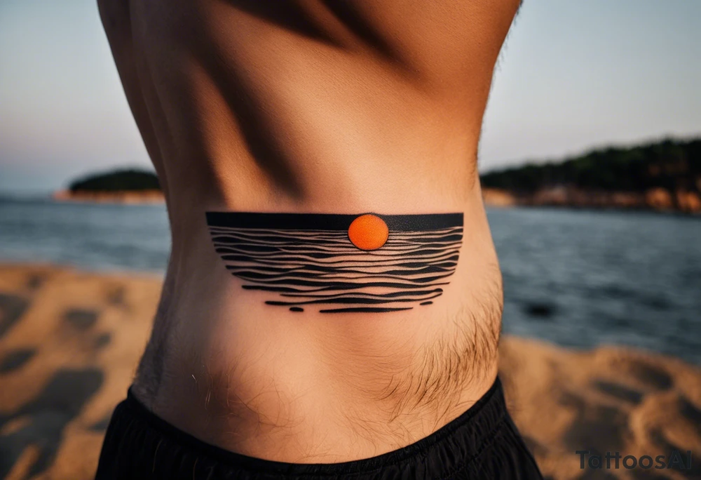 This is an extremely simple and minimalistic tattoo on male forearm. It is black and white with minuscule splashes of orange from the sun. The tattoo 4 inches wide by 2 inches tall. From the perspective of being on the ocean, Water is calm, with no waves in sight, the sun is setting behind the ocean, reflecting light onto the water. The water has shading. tattoo idea