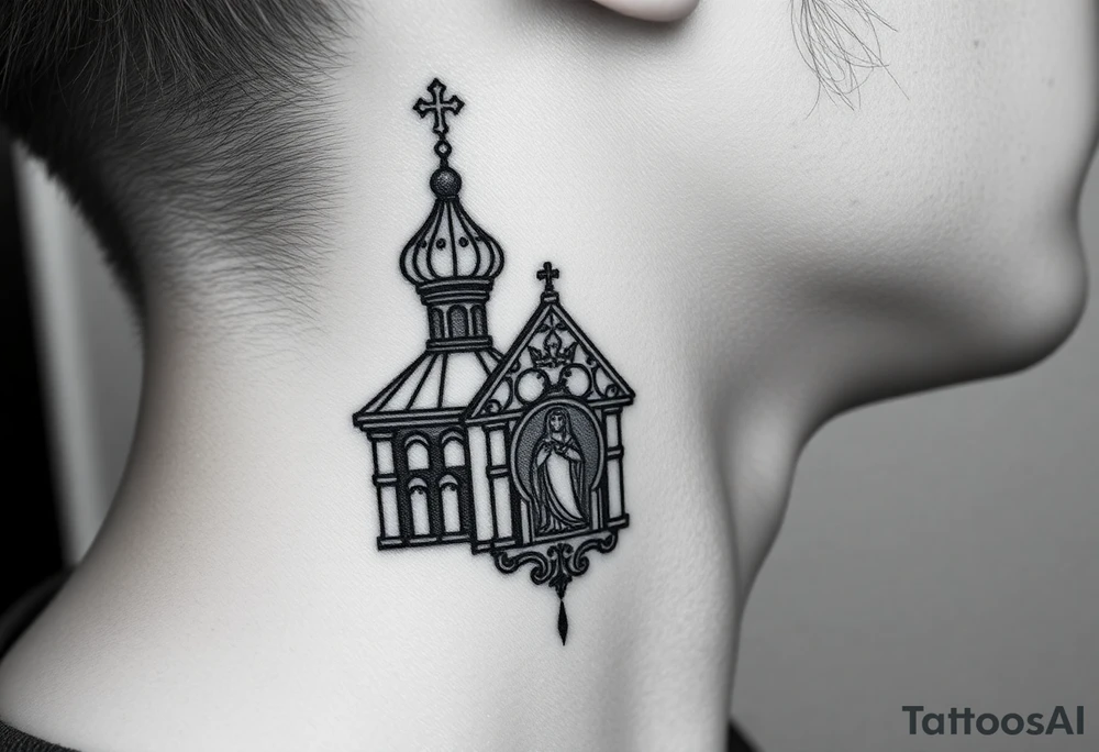 medium traditional russian orthodox church with russian coat arms and virgin mary on the side of your neck tattoo idea