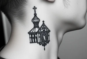 medium traditional russian orthodox church with russian coat arms and virgin mary on the side of your neck tattoo idea