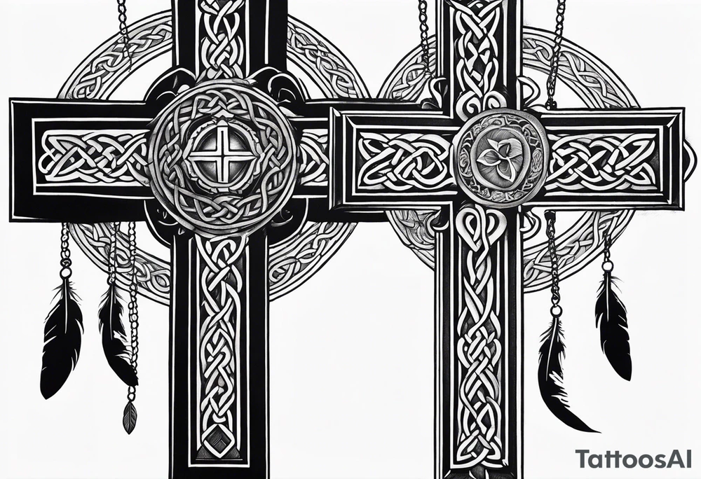 Celtic cross, shamrock in center, one Indian feather hanging from each side arm of cross tattoo idea