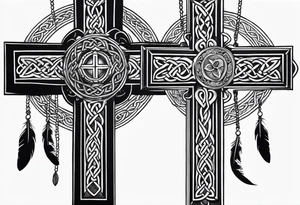 Celtic cross, shamrock in center, one Indian feather hanging from each side arm of cross tattoo idea
