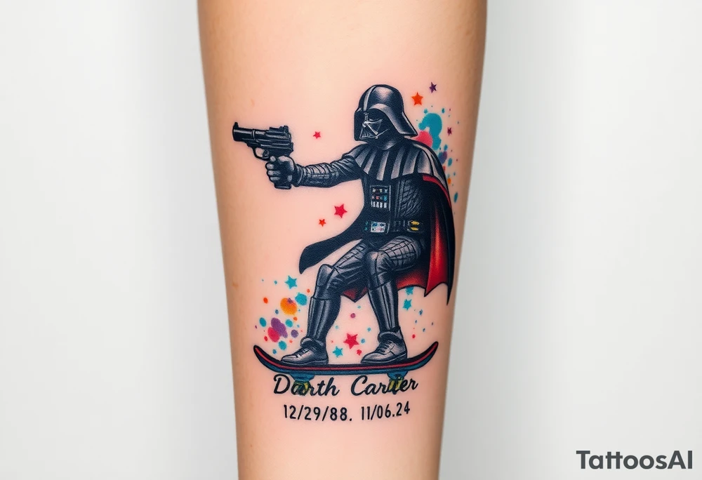 Darth Vader skateboarding with gun> bullets > memorial > god > colors > futuristic/space/star wars
add name "Darth Carter" on skateboard
add date 12/29/88-01/06/24 tattoo idea