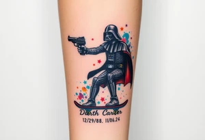 Darth Vader skateboarding with gun> bullets > memorial > god > colors > futuristic/space/star wars
add name "Darth Carter" on skateboard
add date 12/29/88-01/06/24 tattoo idea