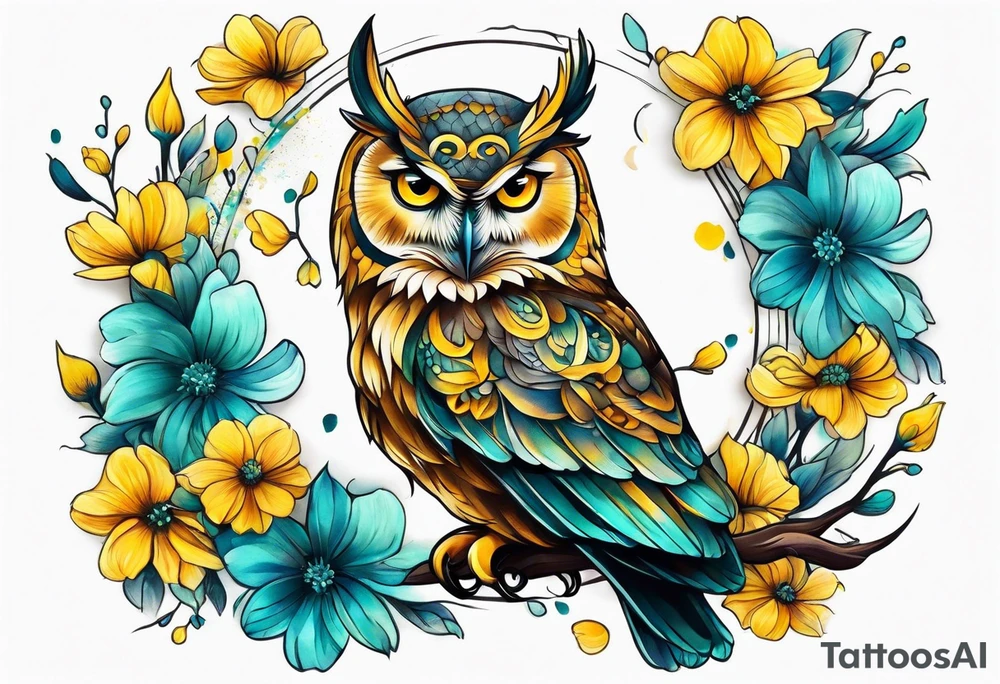 Owl surrounded by yellow and aqua flowers tattoo idea