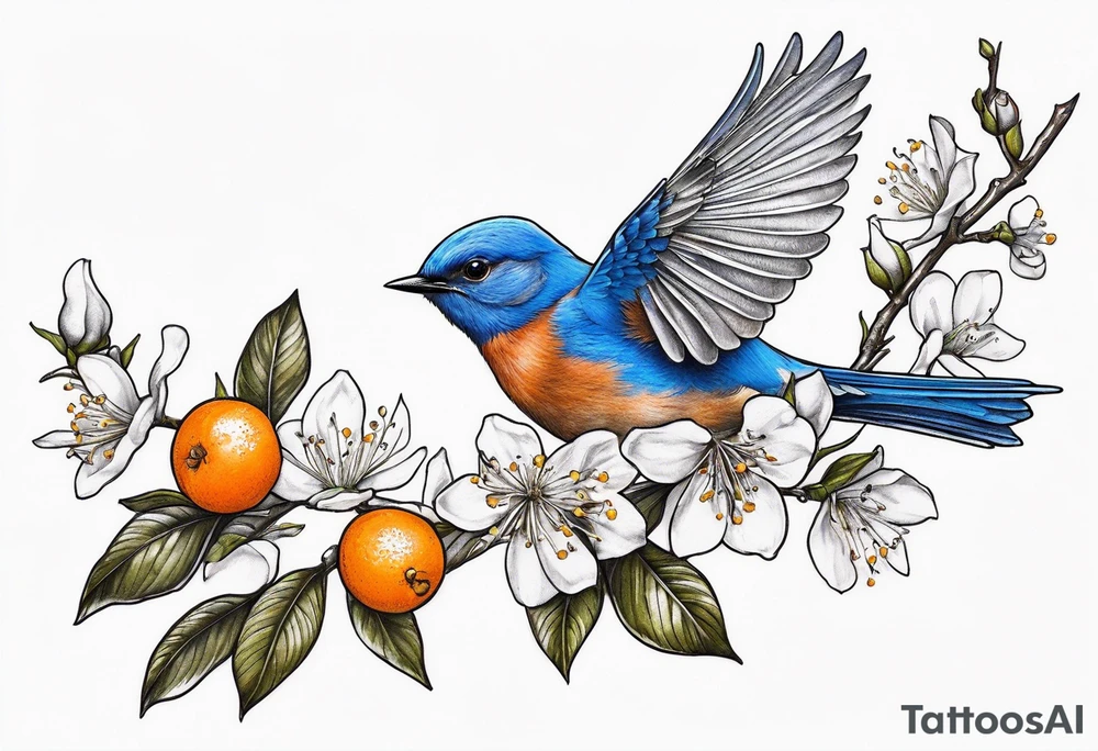 bluebird flying off of branch with orange blossoms tattoo idea