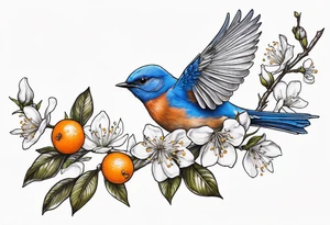 bluebird flying off of branch with orange blossoms tattoo idea