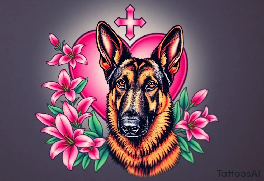 realistic german shepherd with alert ears looking protective surrounded by pink lilies with leaves in front of a sacred heart tattoo idea