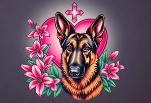 realistic german shepherd with alert ears looking protective surrounded by pink lilies with leaves in front of a sacred heart tattoo idea