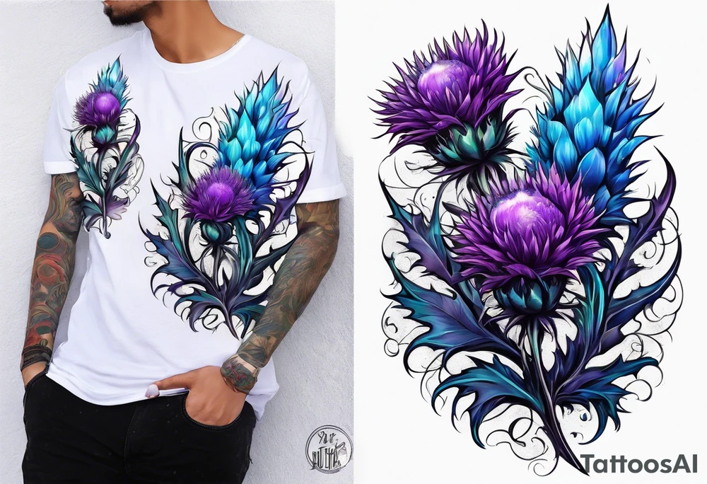 Purple thistle with blue Neptune planet tattoo idea
