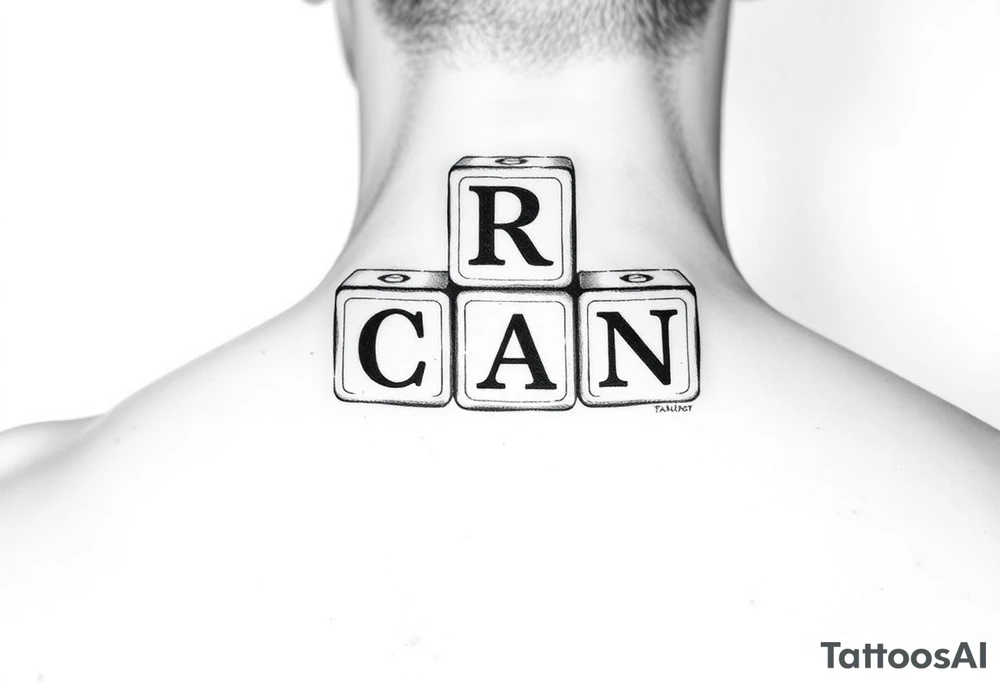 I WANT 5 TOY BABY BLOCKS STACKED ON TOP OF EACH OTHER AND I WANT EACH OF THEM TO HAVE A LETTER IN THEM. B, R, I, A, N THEY SHOULD BE STACKED ON TOP OF EACH OTHER IN 3D tattoo idea