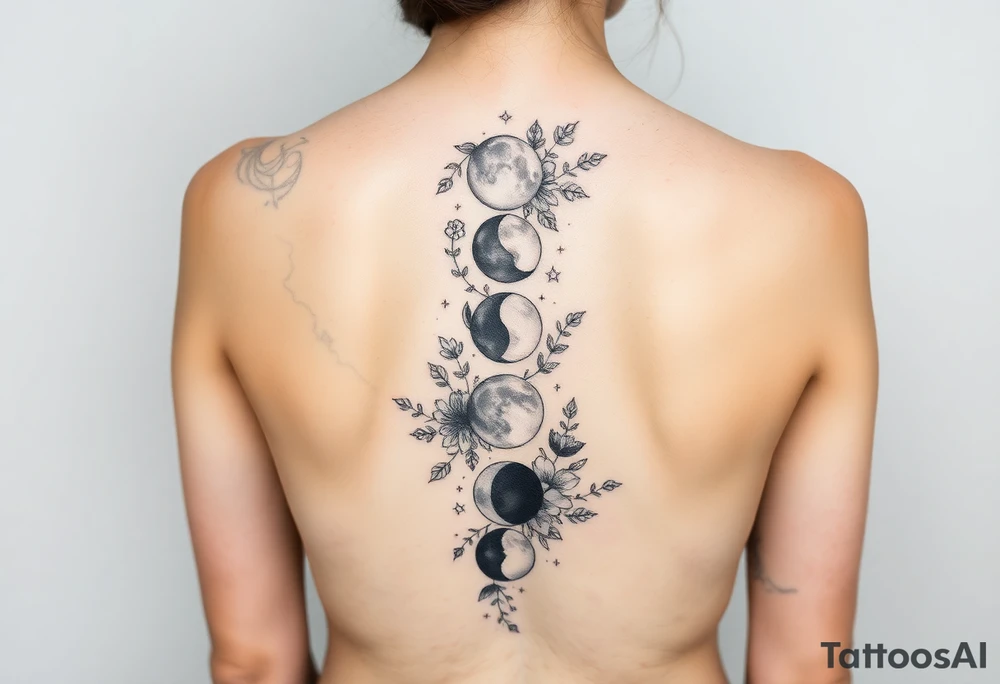 new moon, waxing crescent, first quarter, waxing gibbous, full moon, waning gibbous, last quarter, and waning crescent going down the spine vertically each represent different phases of the moon individually with flowers and vines and stars around it everywhere tattoo idea