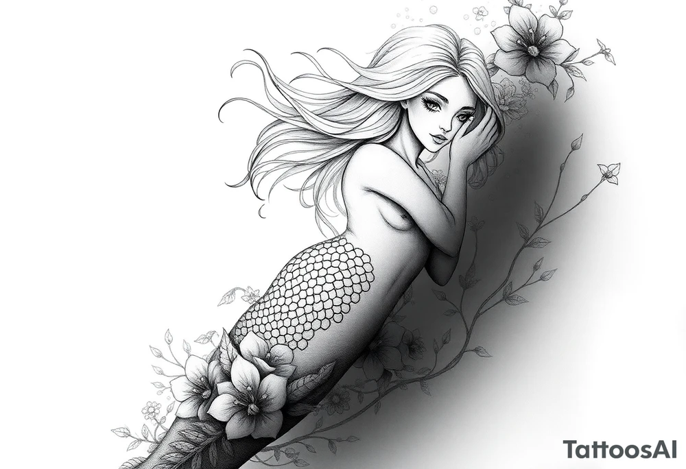 ethereal mermaid with flowing hair among coral and sea flowers tattoo idea
