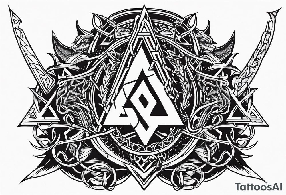 Valhalla sword shield dragon axe Valknut barbed wire chains tattoo idea Valhalla sword shield dragon axe Valknut barbed wire chains tattoo idea